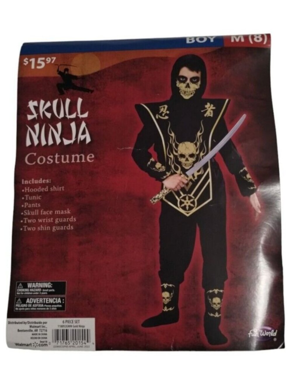 Fun World Boys Medium 8 Skull Ninja 8 piece Halloween Dress Up Costume New